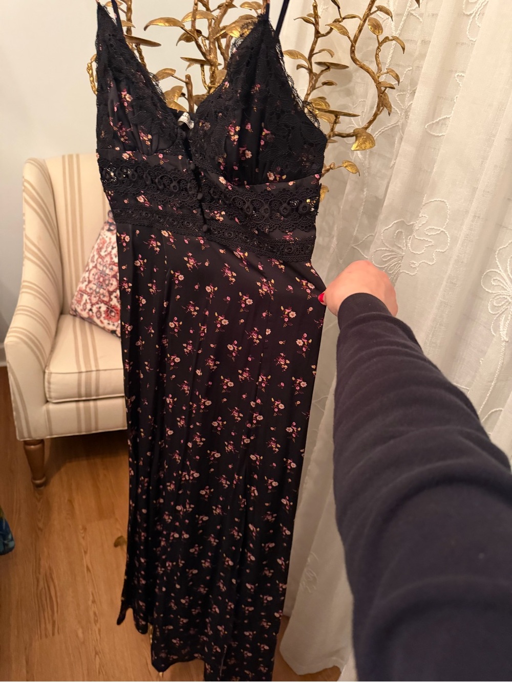 Free People Black Maxi Dress with Pink Floral Print - Picture 2 of 5